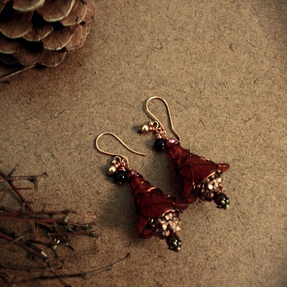 Copper Wire Red Christmas Holiday Earrings - Picture 5 of 5
